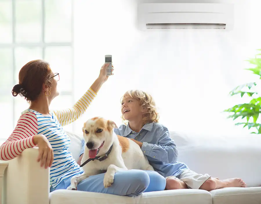 Bliss Heating and Cooling - happy family on the couch with dog, enjoying mini split unit - Springfield, IL