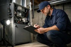 Bliss Heating & Cooling—A professional HVAC technician inspecting residential furnace system in basement in Springfield, IL while taking notes.