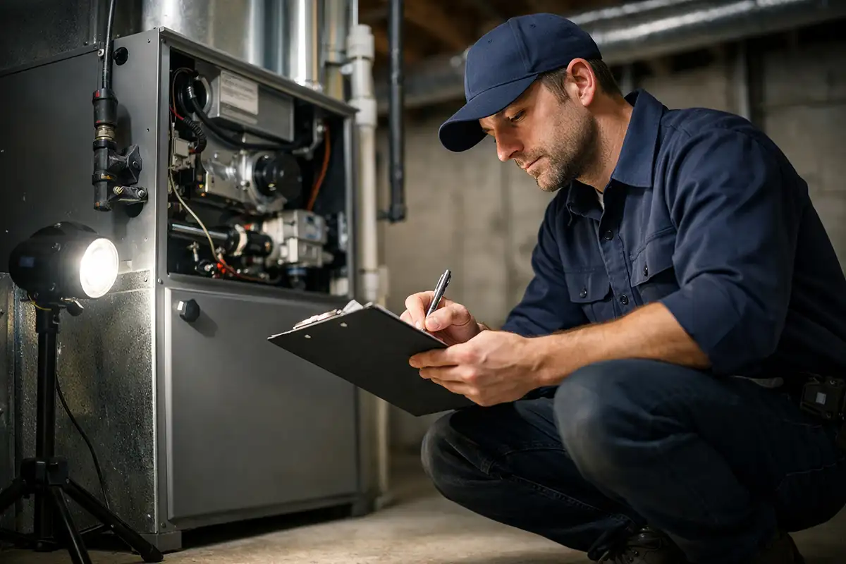 Bliss Heating & Cooling—A professional HVAC technician inspecting residential furnace system in basement in Springfield, IL while taking notes.